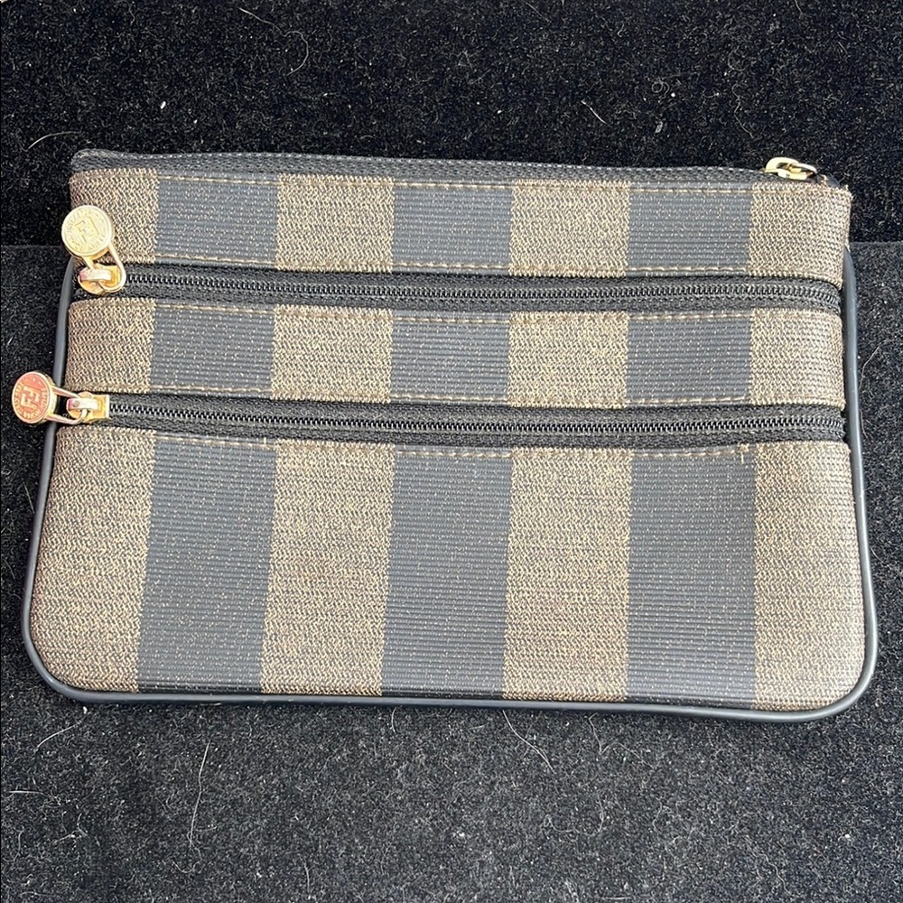 Fendi Authentic Vintage Penguin Stripe Tobacco 3 Zip Clutch/Pouch.MA100 - Picture 5 of 15